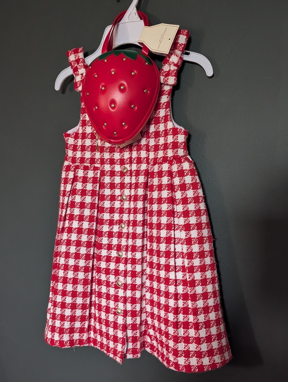 Christian Siriano Red and White Gingham Dress with Red Strawberry Purse